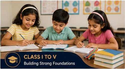 Class I to V students writing in their notebooks at Manpreet Tuition Academy
